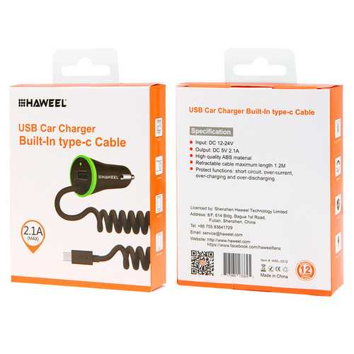 HAWEEL 2.1A USB Type C Flexible Spring Car Charger Cable for Samsung S8 Xiaomi 6 Letv