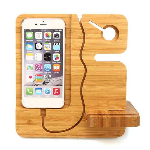 Wooden Detachable Desktop Charging Dock Cable Organizer Phone Holder Stand for iPhone Apple Watch