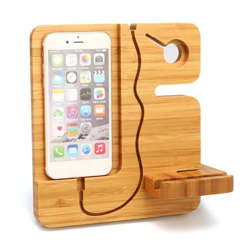 Wooden Detachable Desktop Charging Dock Cable Organizer Phone Holder Stand for iPhone Apple Watch