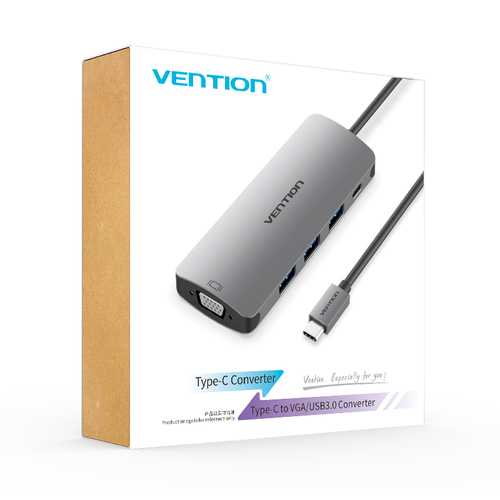 Vention CGQHA Multifunction Type-C to 3-Port USB 3.0 USB-C PD Charge 1080P VGA Hub