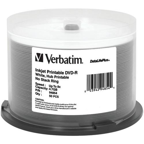 Verbatim(R) 94854 4.7GB 8x DataLifePlus(R) White Inkjet Printable/Hub Printable DVD-Rs, 50-ct Spindle