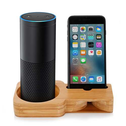 2 in 1 Bamboo Wood Phone Stand Charging Speaker Holder Bracket for Amazon Echo Plus Echo Dot Speaker