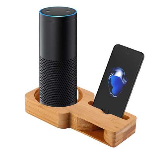 2 in 1 Bamboo Wood Phone Stand Charging Speaker Holder Bracket for Amazon Echo Plus Echo Dot Speaker