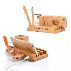 Bamboo Valet Stand For Gadgets With Charger