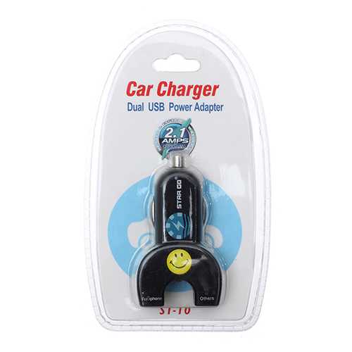 Smiley Print Mini Dual Usb Car Charger For iPhone Smartphone Device
