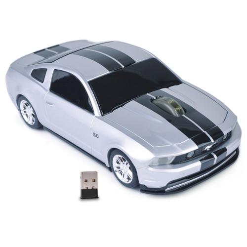 3-Button Road Mice Ford Mustang GT 2.4GHz Wireless Optical Scroll Mouse w/Nano USB Receiver (Silver/Black Stripes)